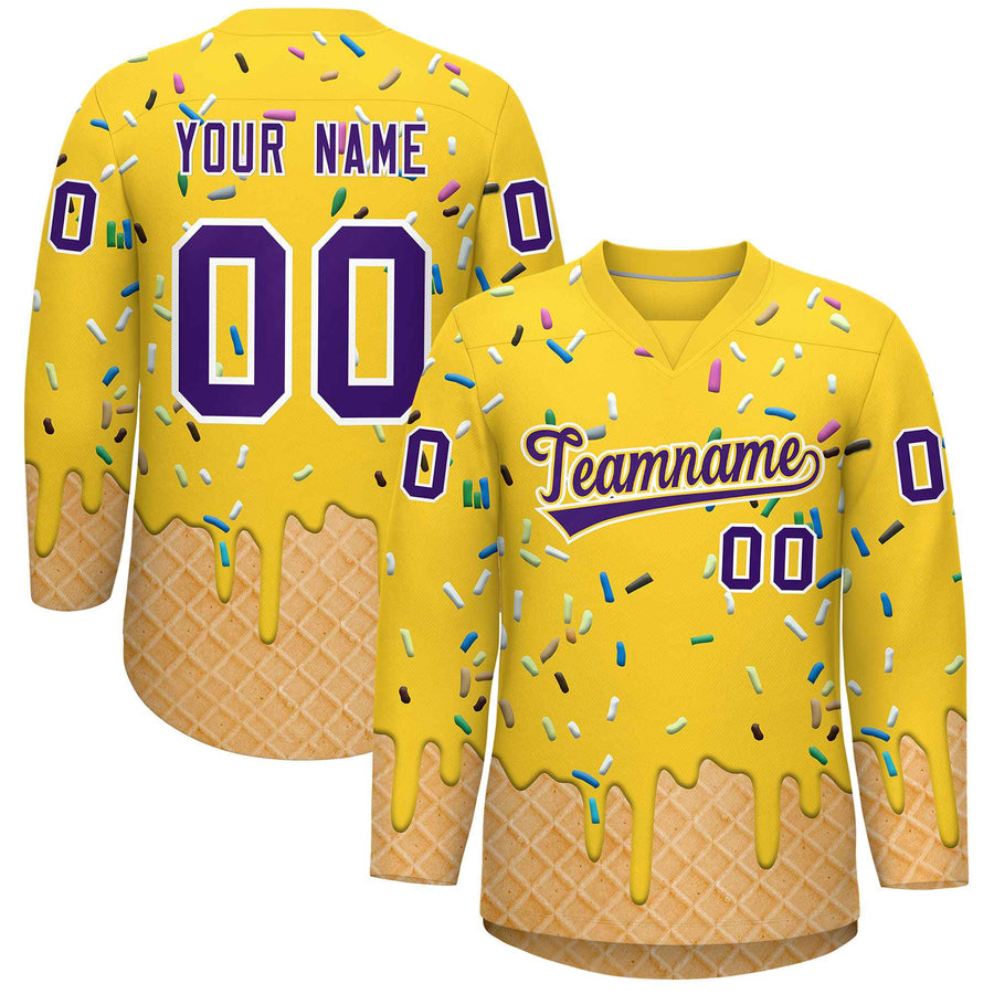 Custom Gold Purple Ice Cream Pattern Personalized V-Neck Hockey Jersey | BuyFootballJersey
