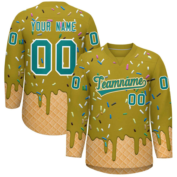 Custom Old Gold Teal Ice Cream Pattern Personalized V-Neck Hockey Jersey | BuyFootballJersey