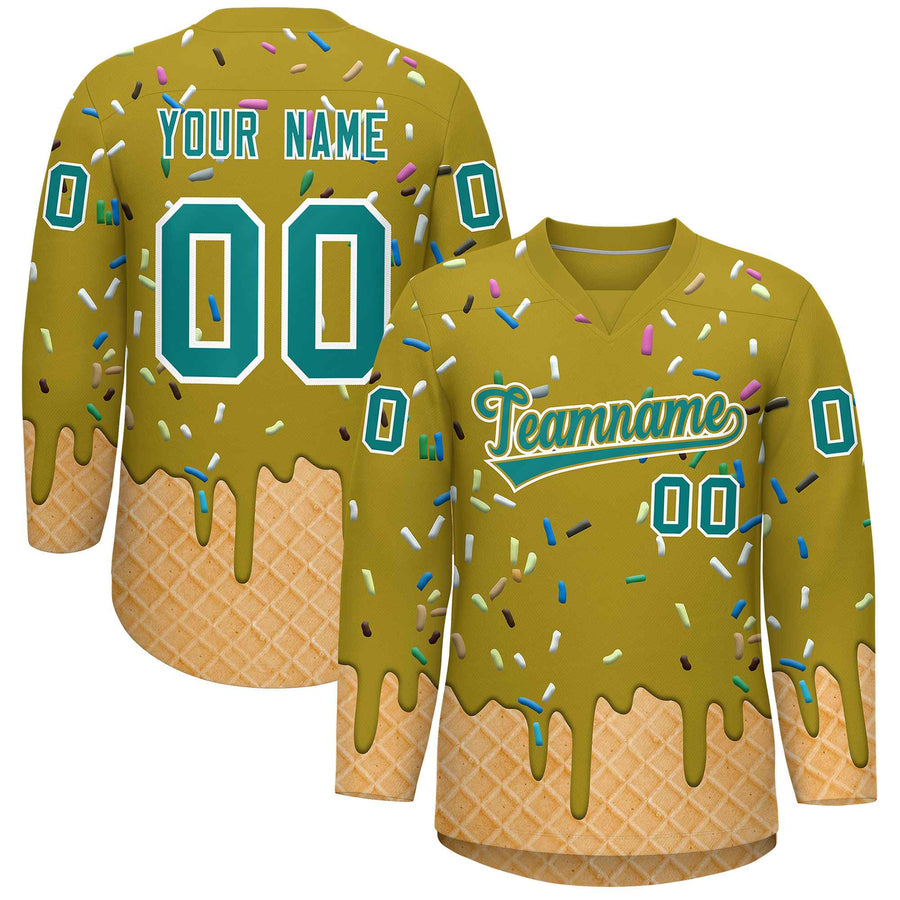 Custom Old Gold Teal Ice Cream Pattern Personalized V-Neck Hockey Jersey | BuyFootballJersey