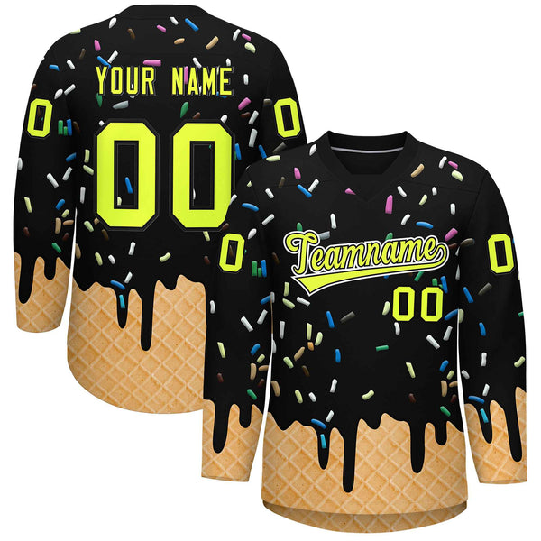 Custom Black Fluorescent Green Ice Cream Pattern Personalized V-Neck Hockey Jersey | BuyFootballJersey