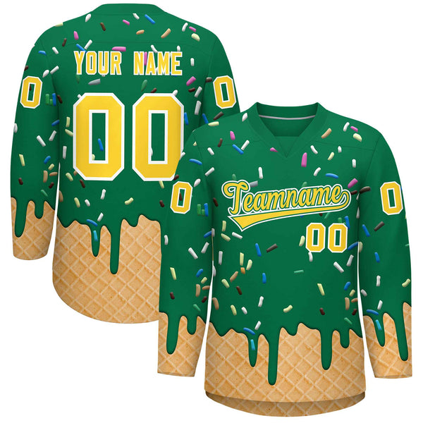 Custom Kelly Green Gold Ice Cream Pattern Personalized V-Neck Hockey Jersey | BuyFootballJersey