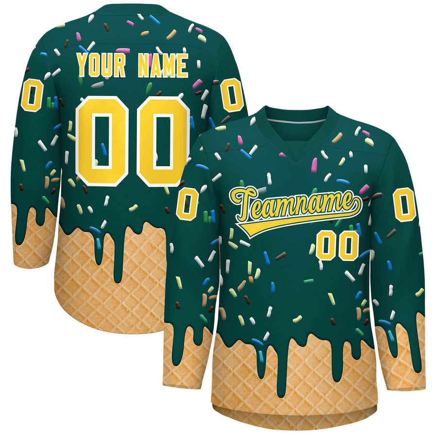 Custom Midnight Green Gold Ice Cream Pattern Personalized V-Neck Hockey Jersey | BuyFootballJersey