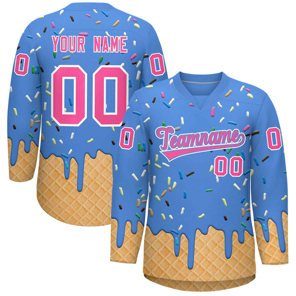 Custom Powder Blue Pink Ice Cream Pattern Personalized V-Neck Hockey Jersey | BuyFootballJersey