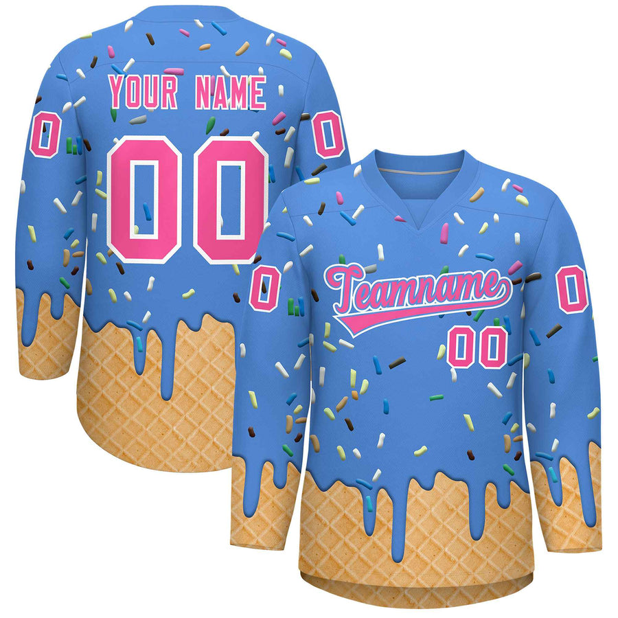 Custom Powder Blue Pink Ice Cream Pattern Personalized V-Neck Hockey Jersey | BuyFootballJersey