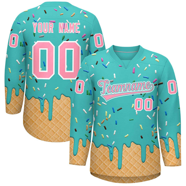 Custom Teal Light Pink Ice Cream Pattern Personalized V-Neck Hockey Jersey | BuyFootballJersey