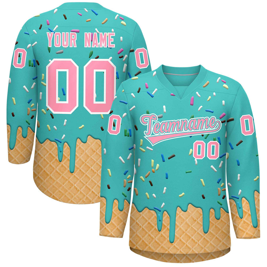 Custom Teal Light Pink Ice Cream Pattern Personalized V-Neck Hockey Jersey | BuyFootballJersey