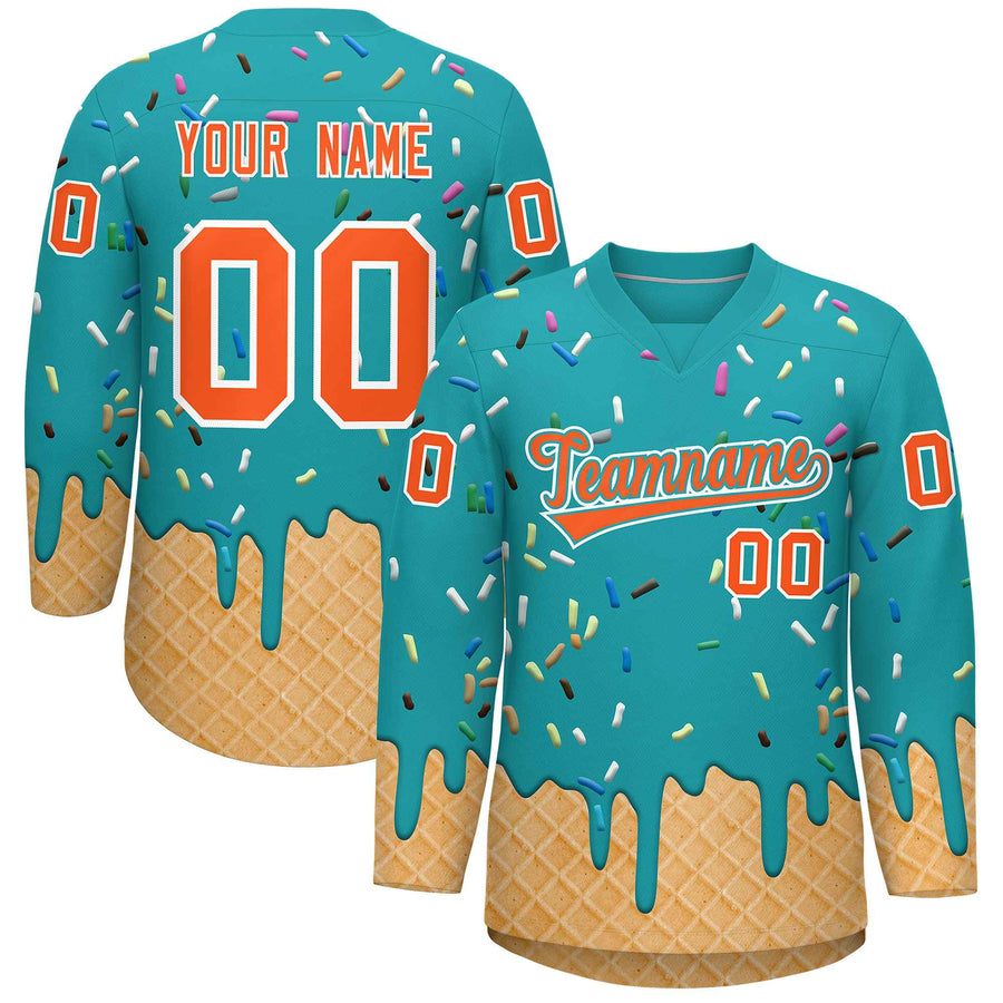 Custom Aqua Orange Ice Cream Pattern Personalized V-Neck Hockey Jersey | BuyFootballJersey