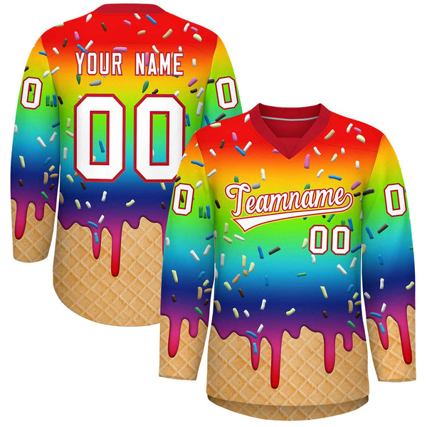 Custom Rainbow White Ice Cream Pattern Personalized V-Neck Hockey Jersey | BuyFootballJersey