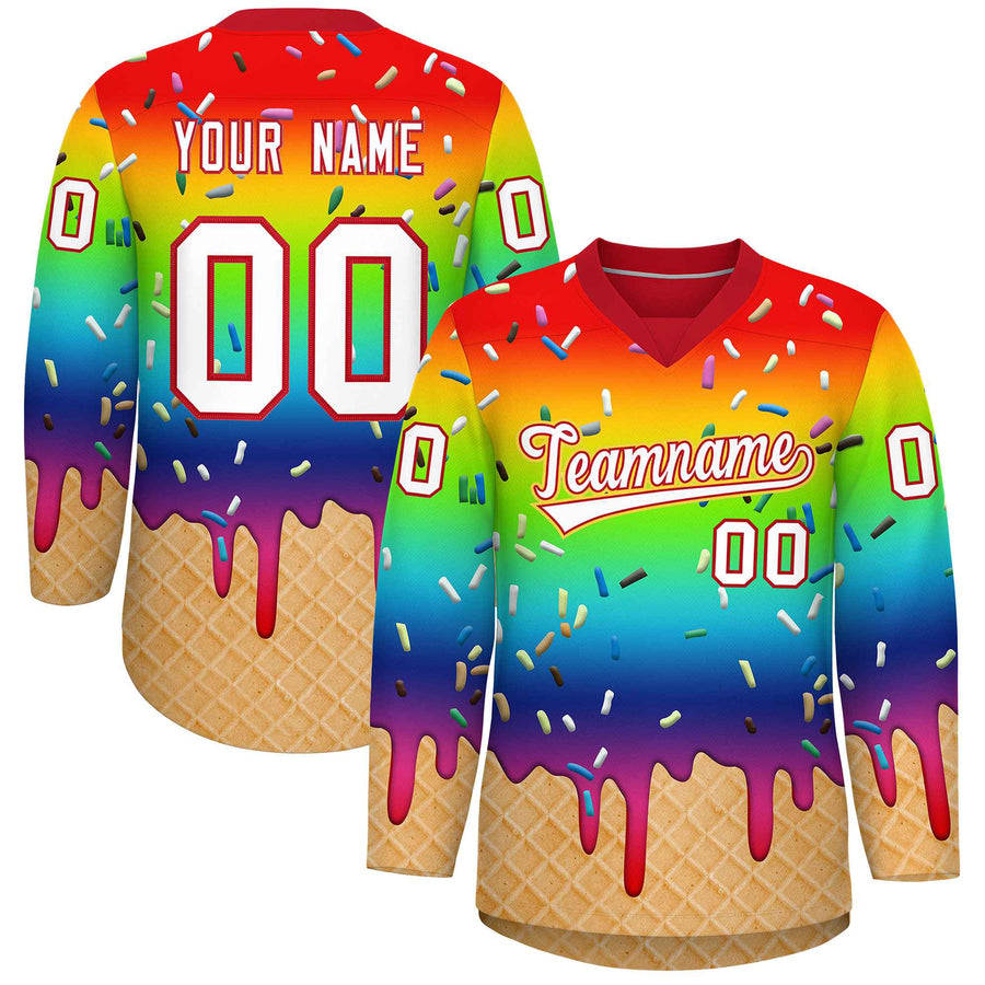 Custom Rainbow White Ice Cream Pattern Personalized V-Neck Hockey Jersey | BuyFootballJersey
