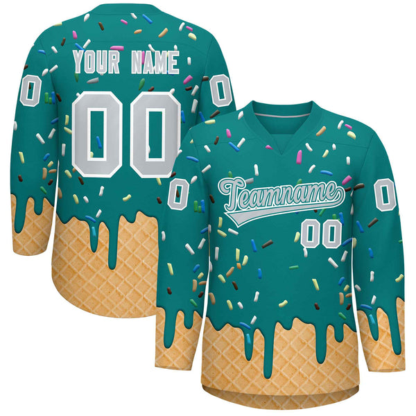 Custom Teal Silver Ice Cream Pattern Personalized V-Neck Hockey Jersey | BuyFootballJersey