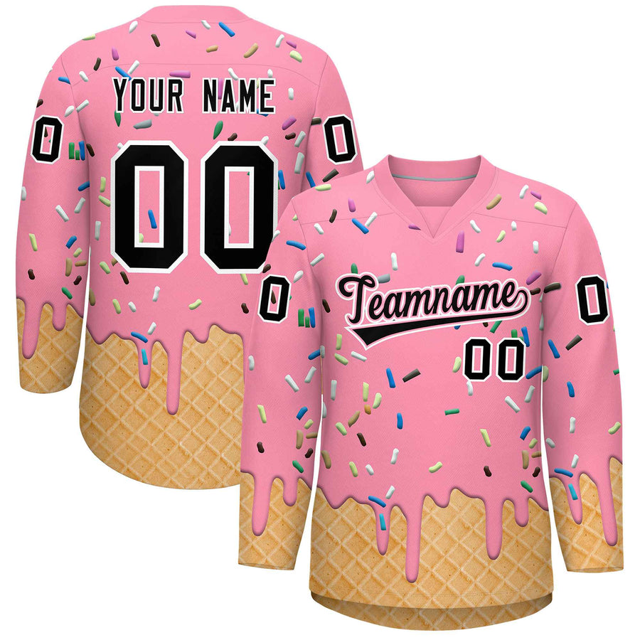 Custom Light Pink Black Ice Cream Pattern Personalized V-Neck Hockey Jersey | BuyFootballJersey