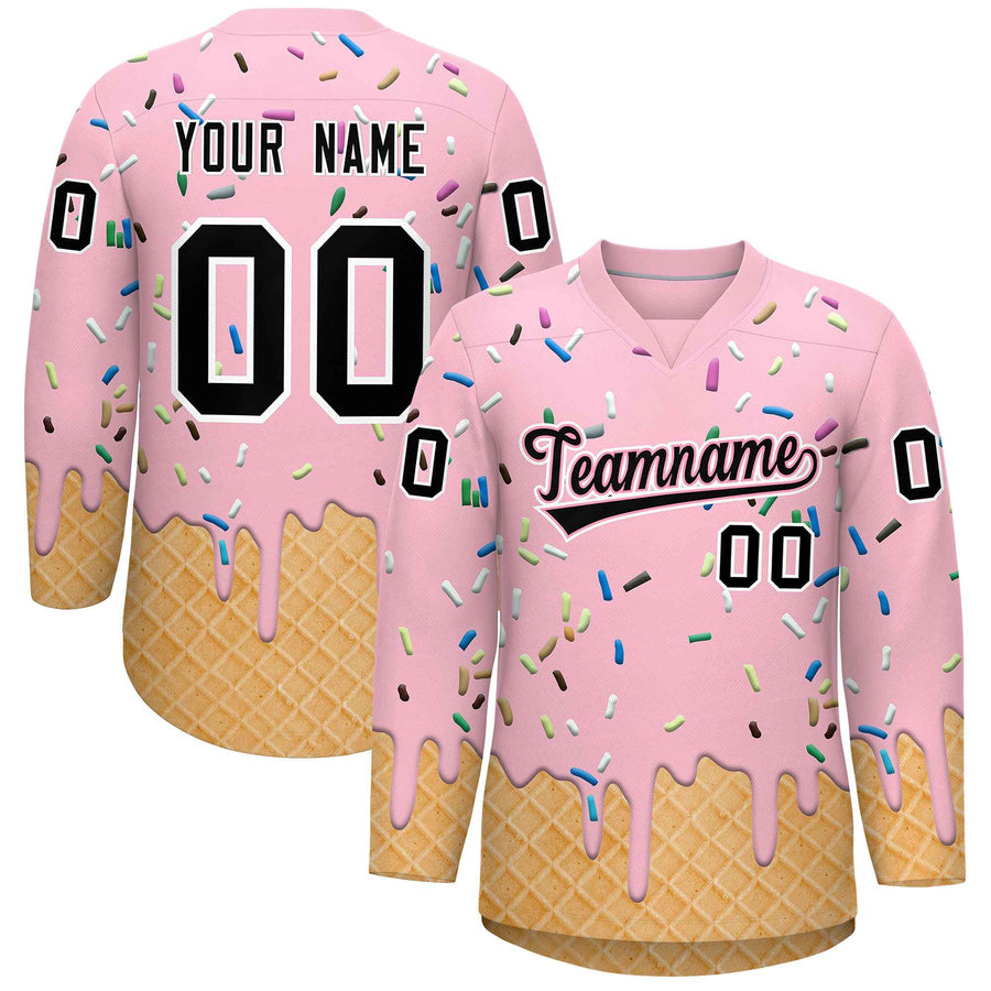 Custom Light Pink Black Ice Cream Pattern Personalized V-Neck Hockey Jersey | BuyFootballJersey