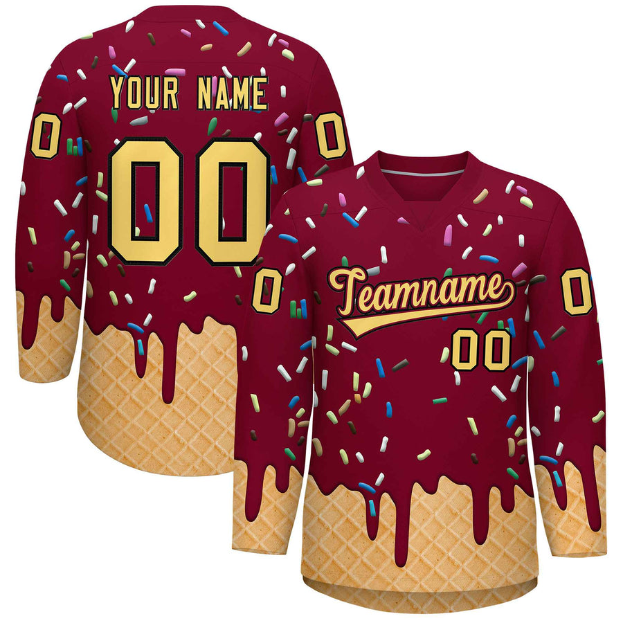 Custom Crimson Khaki Ice Cream Pattern Personalized V-Neck Hockey Jersey | BuyFootballJersey