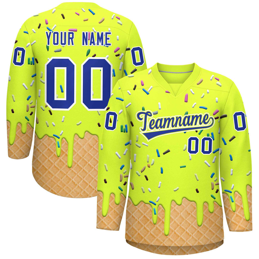Custom Fluorescent Green Royal Blue Ice Cream Pattern Personalized V-Neck Hockey Jersey | BuyFootballJersey
