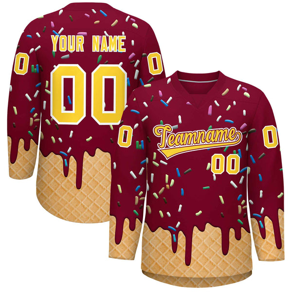 Custom Crimson Gold Ice Cream Pattern Personalized V-Neck Hockey Jersey | BuyFootballJersey