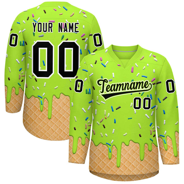 Custom Neon Green Black Ice Cream Pattern Personalized V-Neck Hockey Jersey | BuyFootballJersey