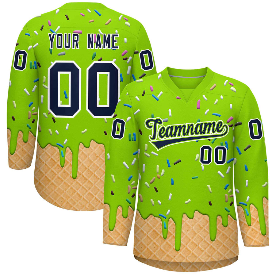Custom Neon Green Navy Ice Cream Pattern Personalized V-Neck Hockey Jersey | BuyFootballJersey