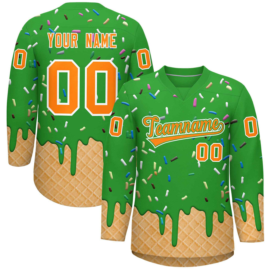 Custom Light Green Orange Ice Cream Pattern Personalized V-Neck Hockey Jersey | BuyFootballJersey