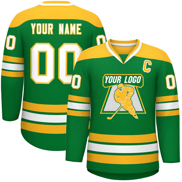 Custom Kelly Green Gold-White Personalized Classic V-Neck Hockey Jersey | BuyFootballJersey