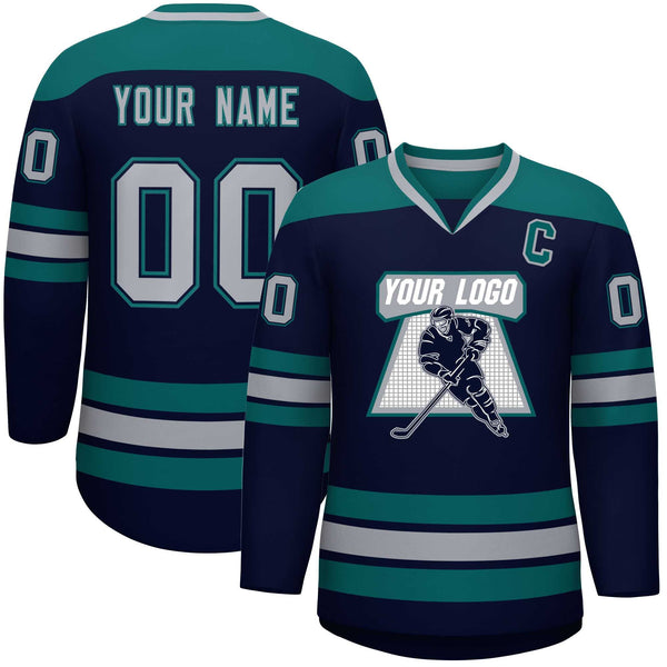 Custom Navy Aqua-Gray Personalized Classic V-Neck Hockey Jersey | BuyFootballJersey
