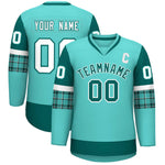 Custom Bright Green Aqua-White Personalized Raglan Sleeves V-Neck Hockey Jersey | BuyFootballJersey
