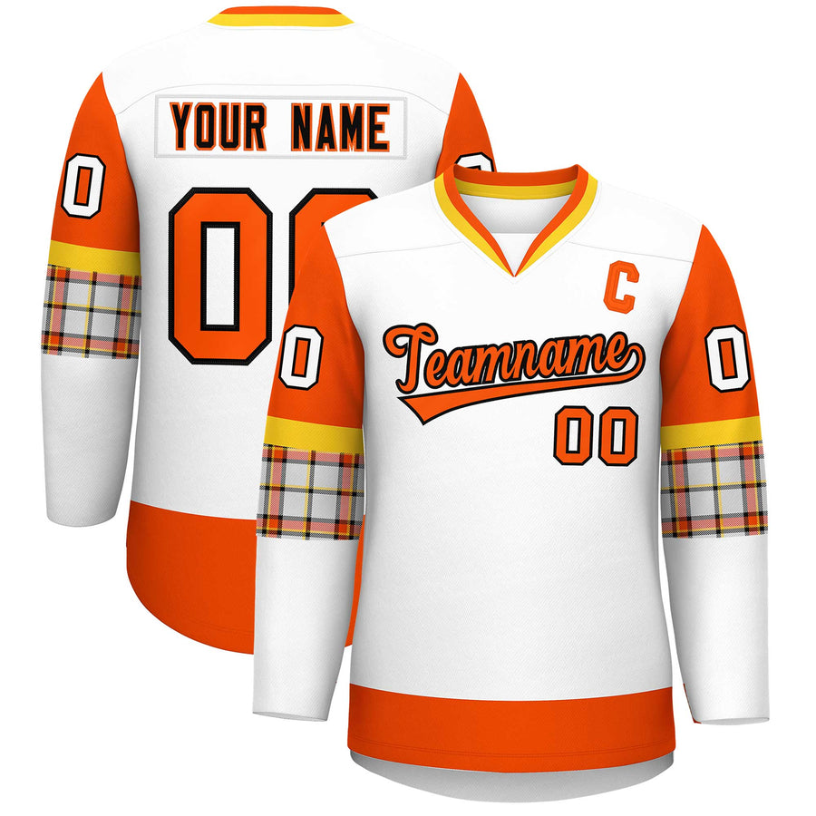 Custom White Orange-Yellow Personalized Raglan Sleeves V-Neck Hockey Jersey | BuyFootballJersey