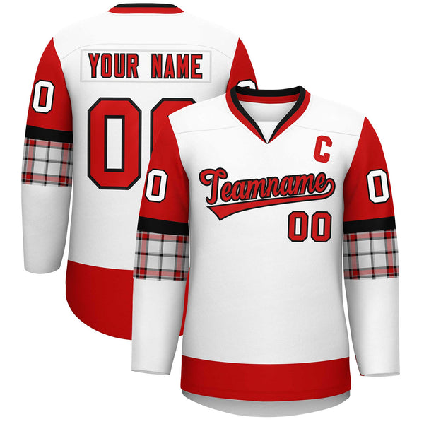 Custom White Red-Black Personalized Raglan Sleeves V-Neck Hockey Jersey | BuyFootballJersey