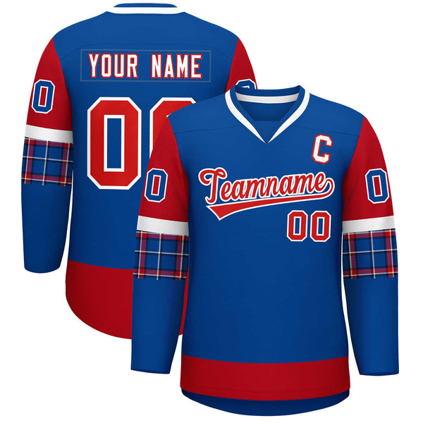 Custom Royal Red-White Personalized Raglan Sleeves V-Neck Hockey Jersey | BuyFootballJersey