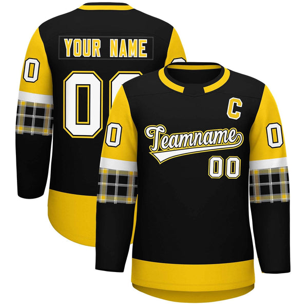 Custom Black Gold Personalized Raglan Sleeves Round-Neck Hockey Jersey | BuyFootballJersey