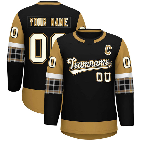 Custom Black Old Gold Personalized Raglan Sleeves Round-Neck Hockey Jersey | BuyFootballJersey