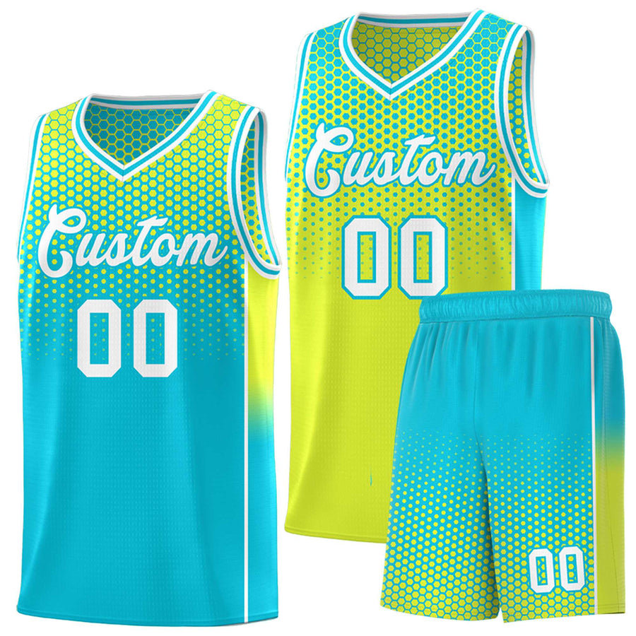 Custom Fluorescent Green Sky Blue Reversible Side Gradient Sports Uniform Dot Pattern Basketball Jersey Kits | BuyFootballJersey