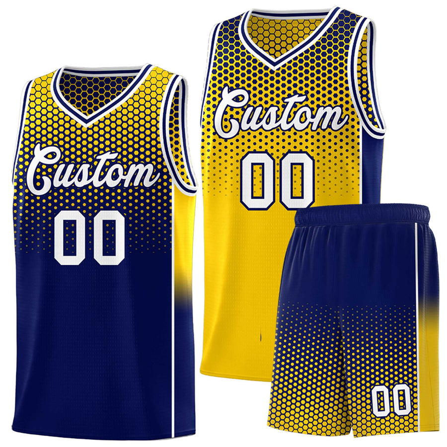 Custom Gold Navy Reversible Side Gradient Sports Uniform Dot Pattern Basketball Jersey Kits | BuyFootballJersey