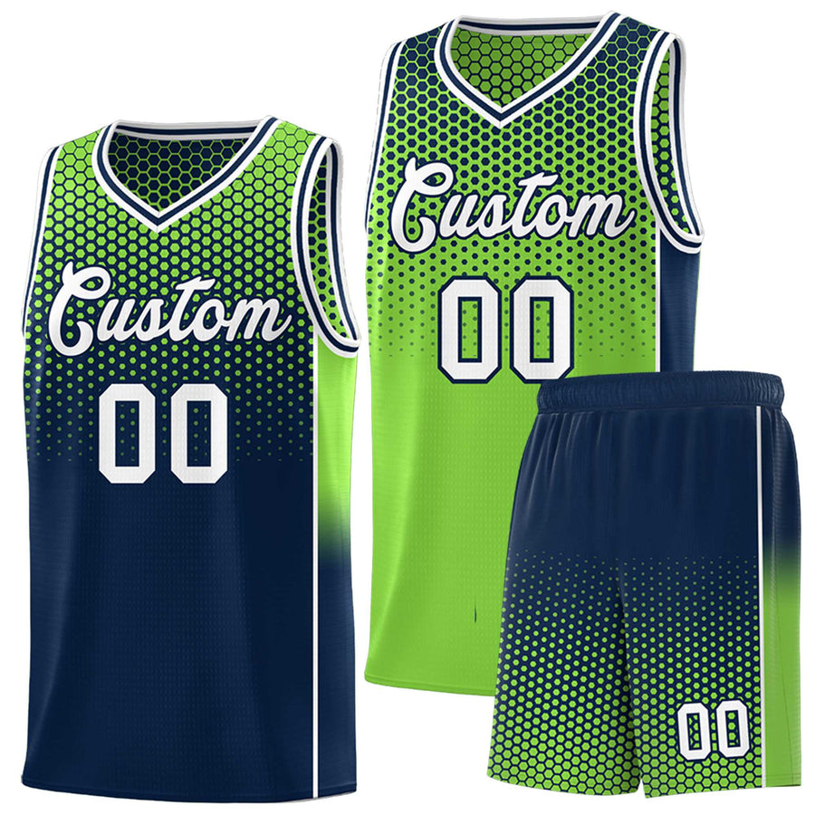 Custom Neon Green Navy Reversible Side Gradient Sports Uniform Dot Pattern Basketball Jersey Kits | BuyFootballJersey