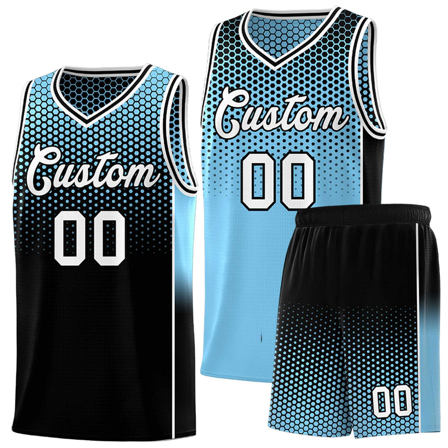 Custom Powder Blue Black Reversible Side Gradient Sports Uniform Dot Pattern Basketball Jersey Kits | BuyFootballJersey