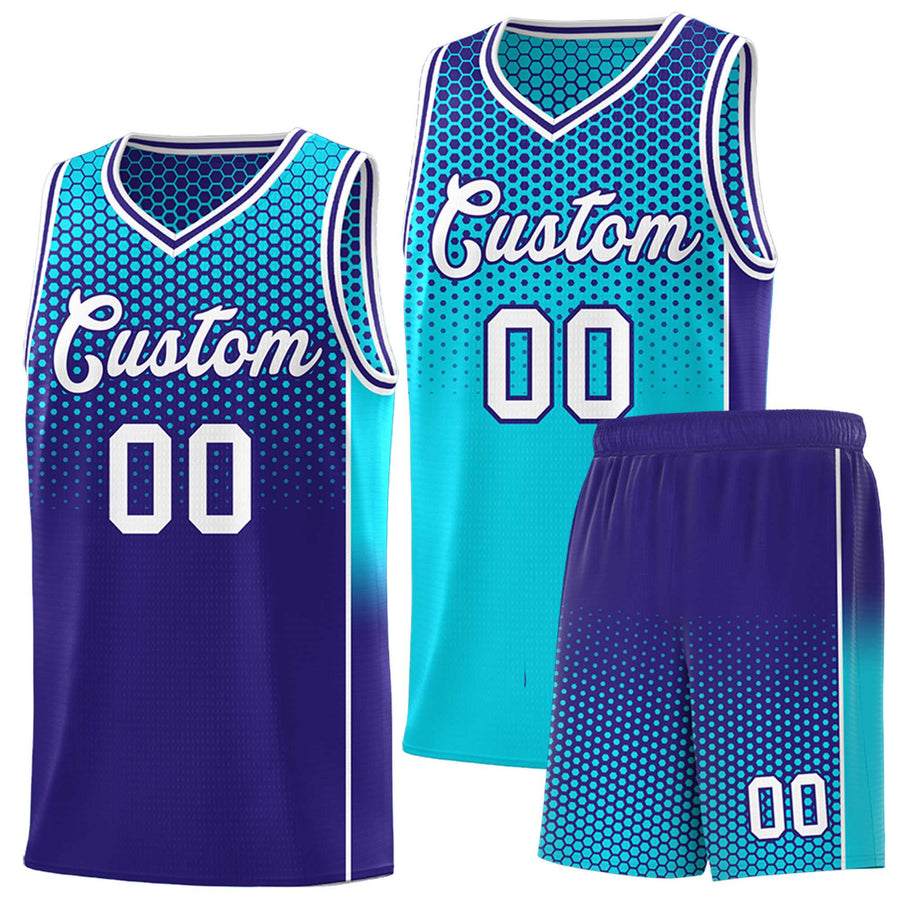 Custom Sky Blue Navy Reversible Side Gradient Sports Uniform Dot Pattern Basketball Jersey Kits | BuyFootballJersey