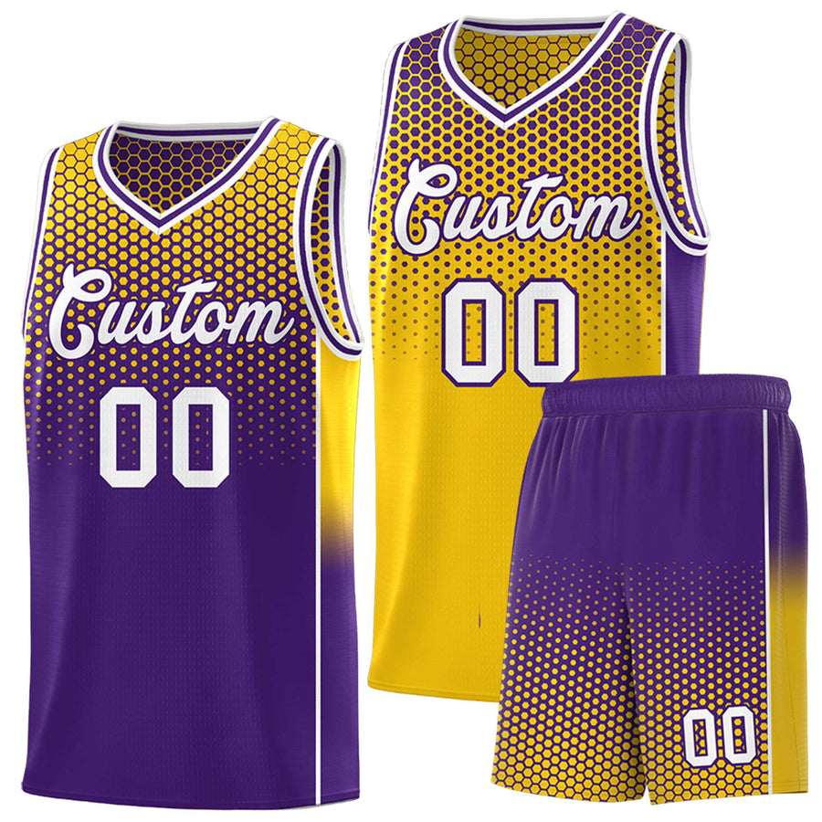 Custom Gold Purple Reversible Side Gradient Sports Uniform Dot Pattern Basketball Jersey Kits | BuyFootballJersey