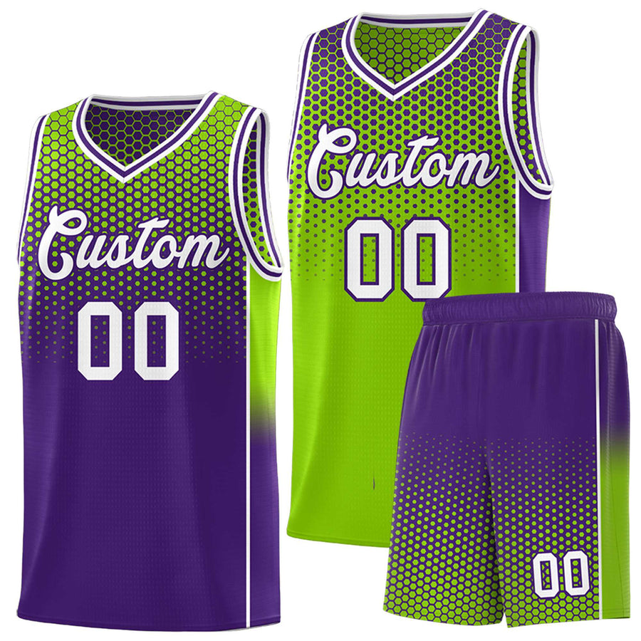 Custom Neon Green Purple Reversible Side Gradient Sports Uniform Dot Pattern Basketball Jersey Kits | BuyFootballJersey