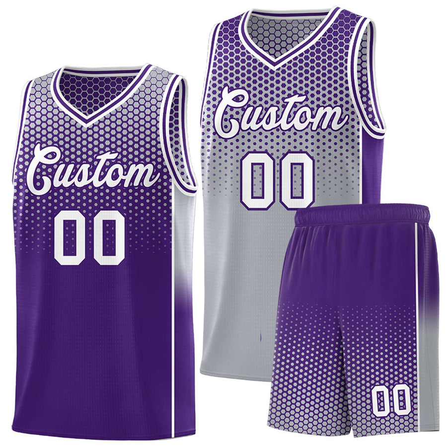 Custom Gray Purple Reversible Side Gradient Sports Uniform Dot Pattern Basketball Jersey Kits | BuyFootballJersey