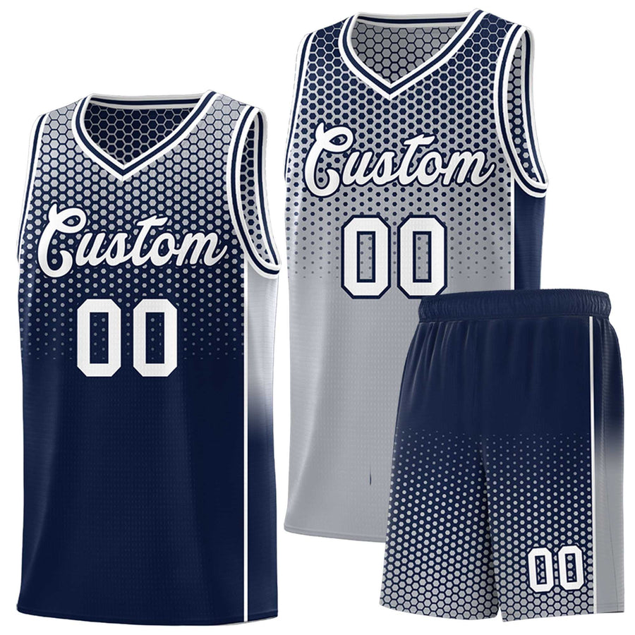 Custom Gray Navy Reversible Side Gradient Sports Uniform Dot Pattern Basketball Jersey Kits | BuyFootballJersey