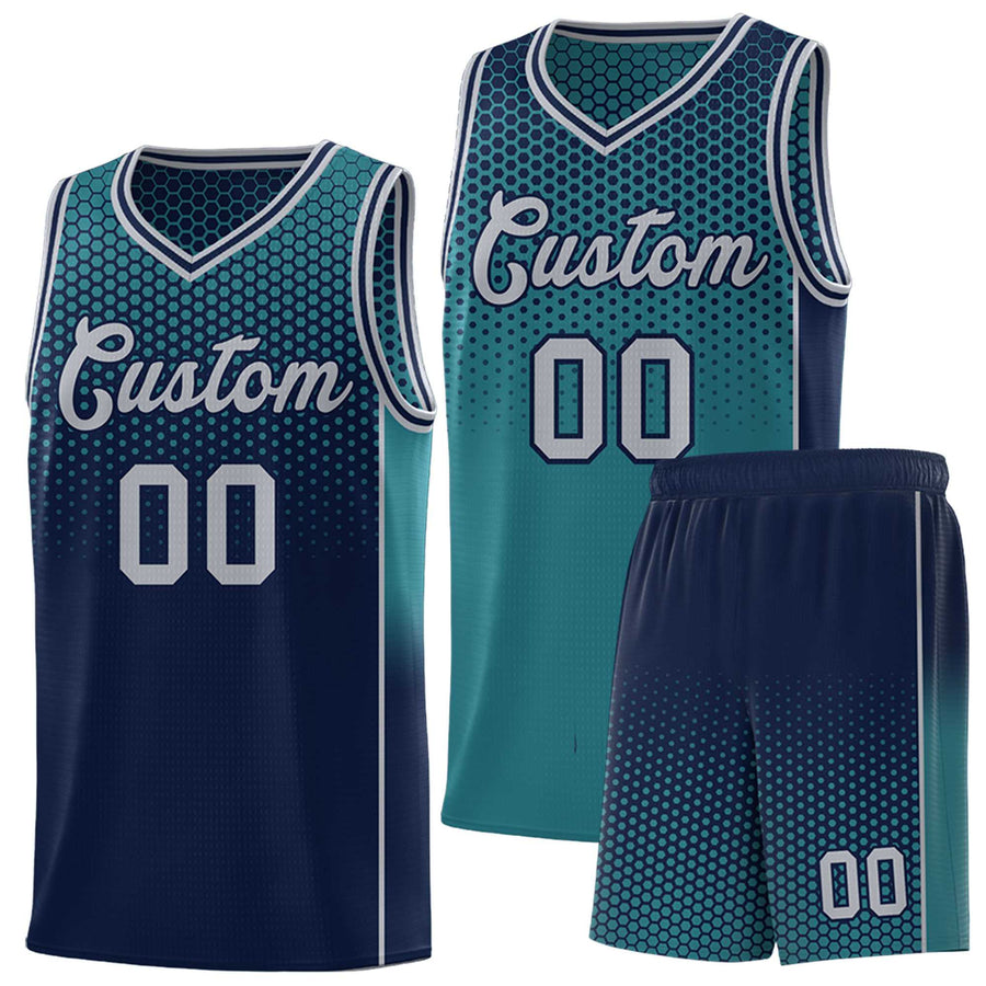 Custom Aqua Navy Reversible Side Gradient Sports Uniform Dot Pattern Basketball Jersey Kits | BuyFootballJersey