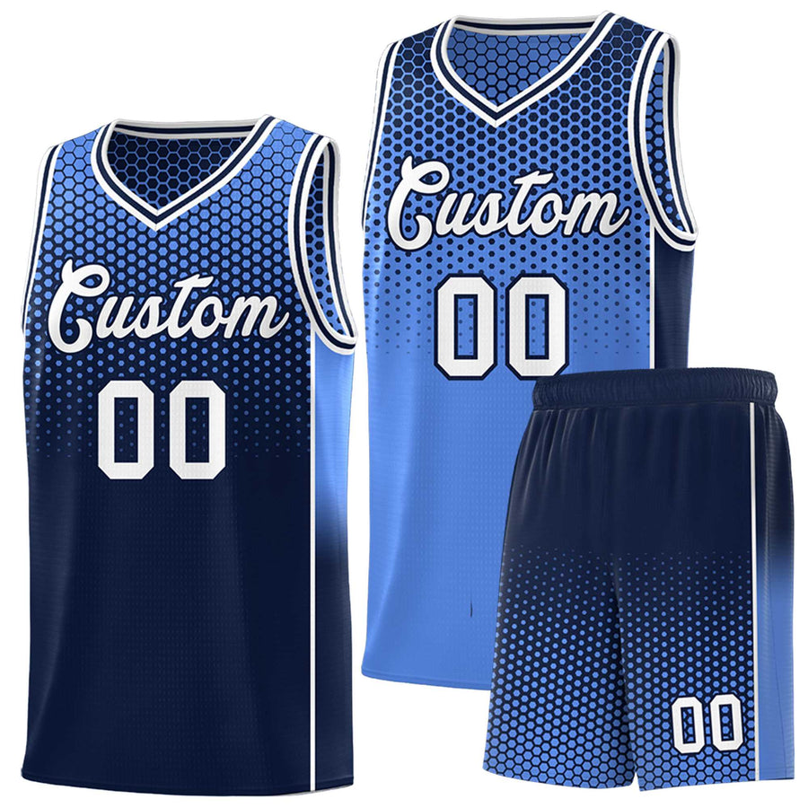 Custom Light Blue Navy Reversible Side Gradient Sports Uniform Dot Pattern Basketball Jersey Kits | BuyFootballJersey