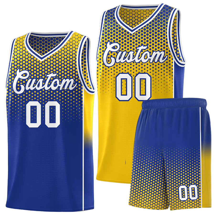 Custom Gold Royal Reversible Side Gradient Sports Uniform Dot Pattern Basketball Jersey Kits | BuyFootballJersey