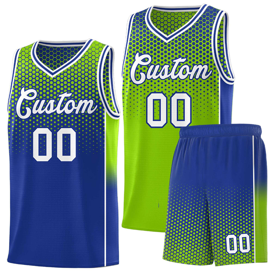 Custom Neon Green Royal Reversible Side Gradient Sports Uniform Dot Pattern Basketball Jersey Kits | BuyFootballJersey