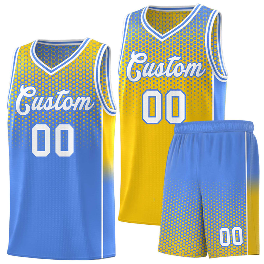 Custom Gold Light Blue Reversible Side Gradient Sports Uniform Dot Pattern Basketball Jersey Kits | BuyFootballJersey