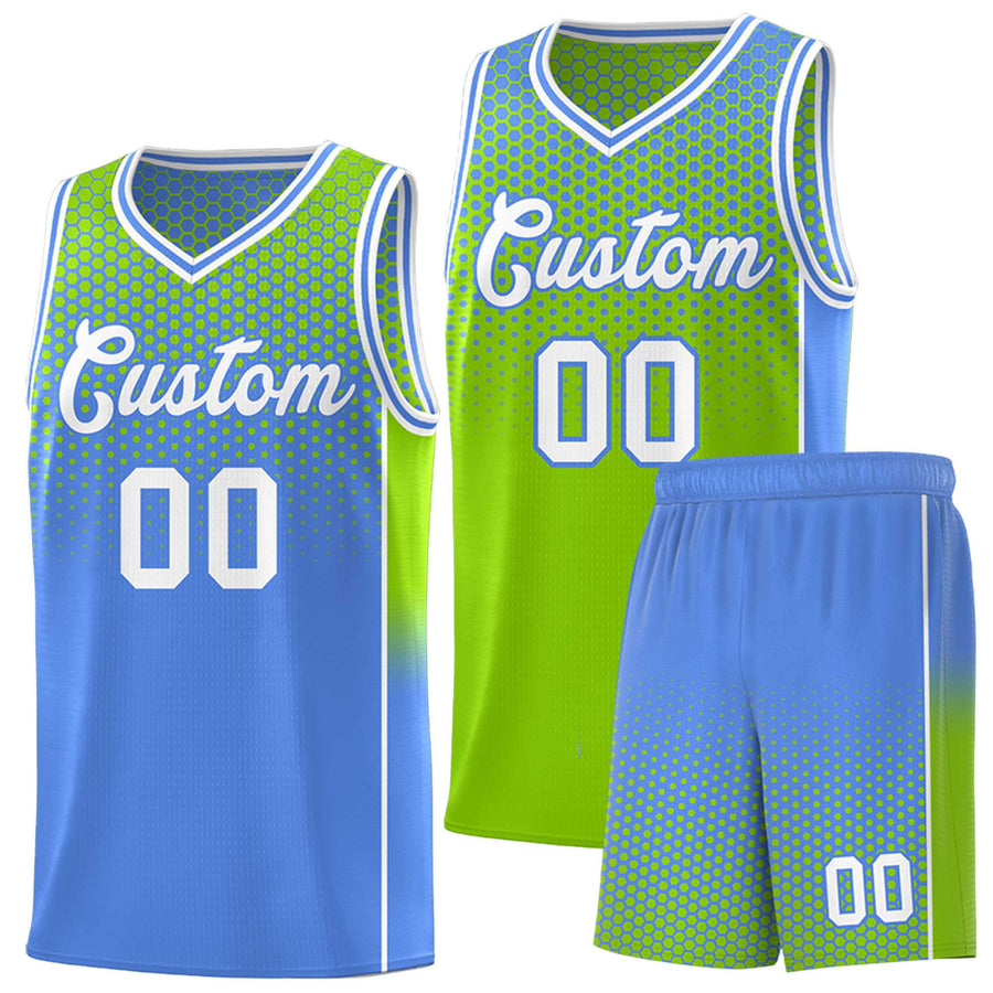 Custom Neon Green Light Blue Reversible Side Gradient Sports Uniform Dot Pattern Basketball Jersey Kits | BuyFootballJersey