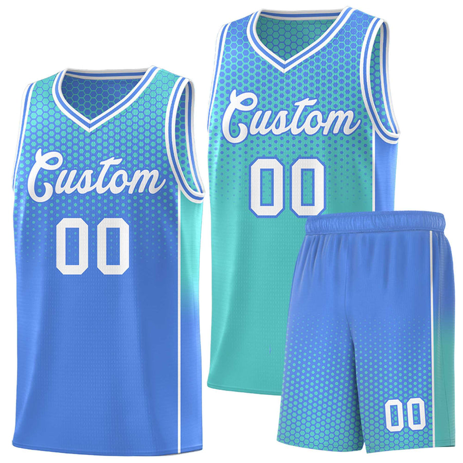 Custom Bright Green Light Blue Reversible Side Gradient Sports Uniform Dot Pattern Basketball Jersey Kits | BuyFootballJersey