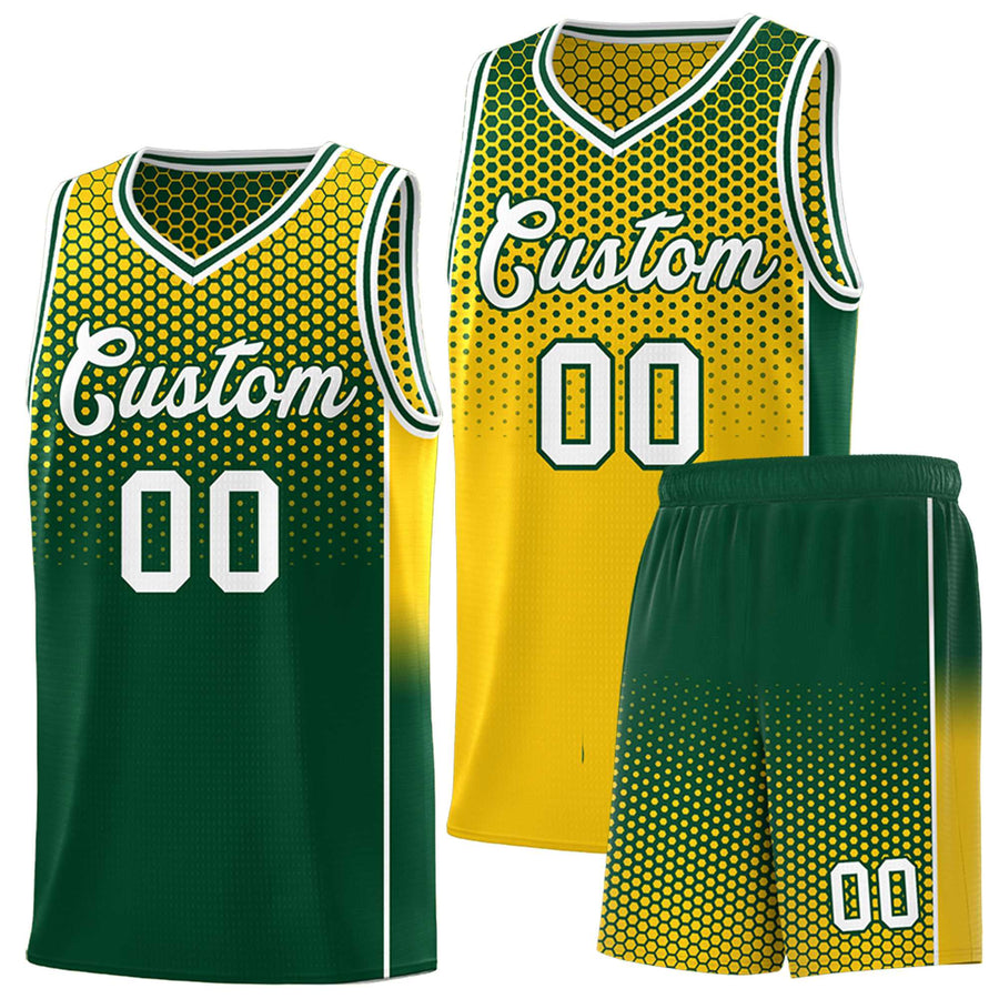 Custom Gold Green Reversible Side Gradient Sports Uniform Dot Pattern Basketball Jersey Kits | BuyFootballJersey