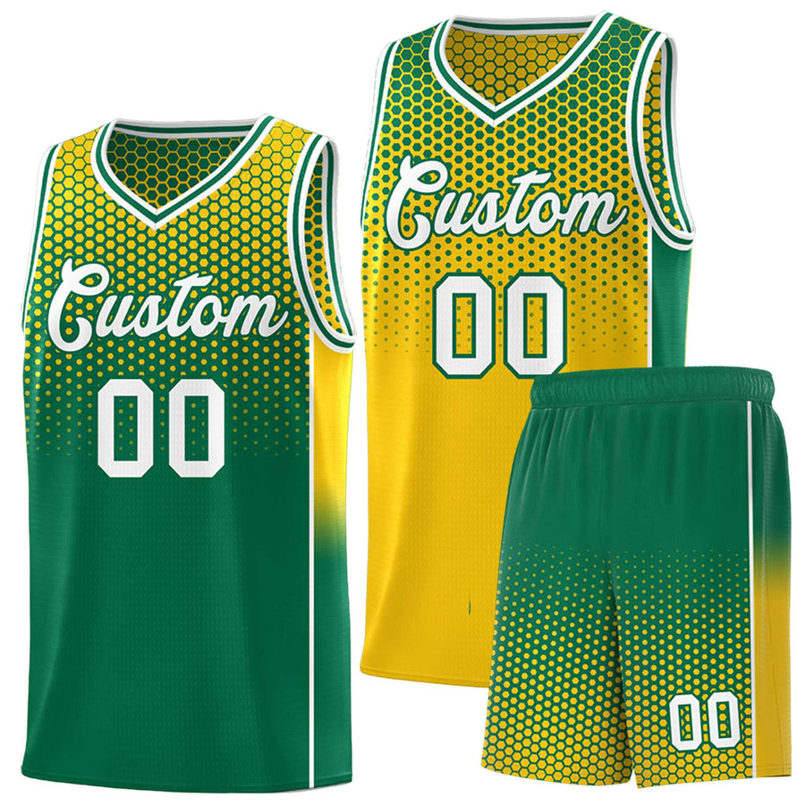 Custom Gold Kelly Green Reversible Side Gradient Sports Uniform Dot Pattern Basketball Jersey Kits | BuyFootballJersey