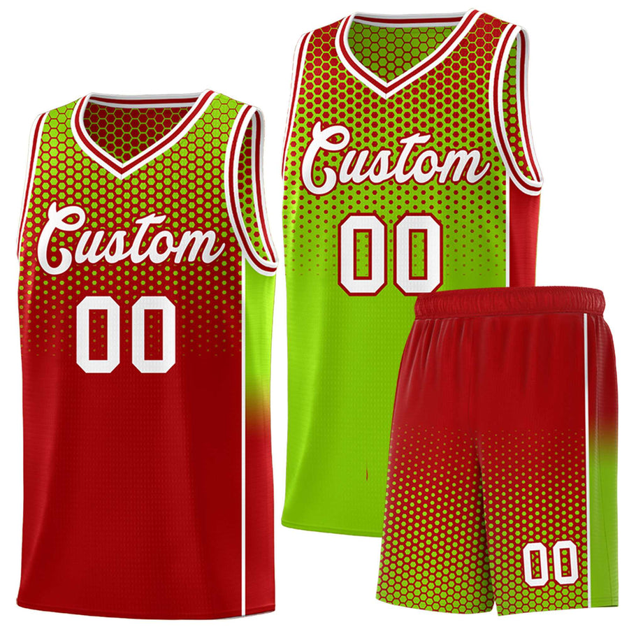Custom Neon Green Red Reversible Side Gradient Sports Uniform Dot Pattern Basketball Jersey Kits | BuyFootballJersey