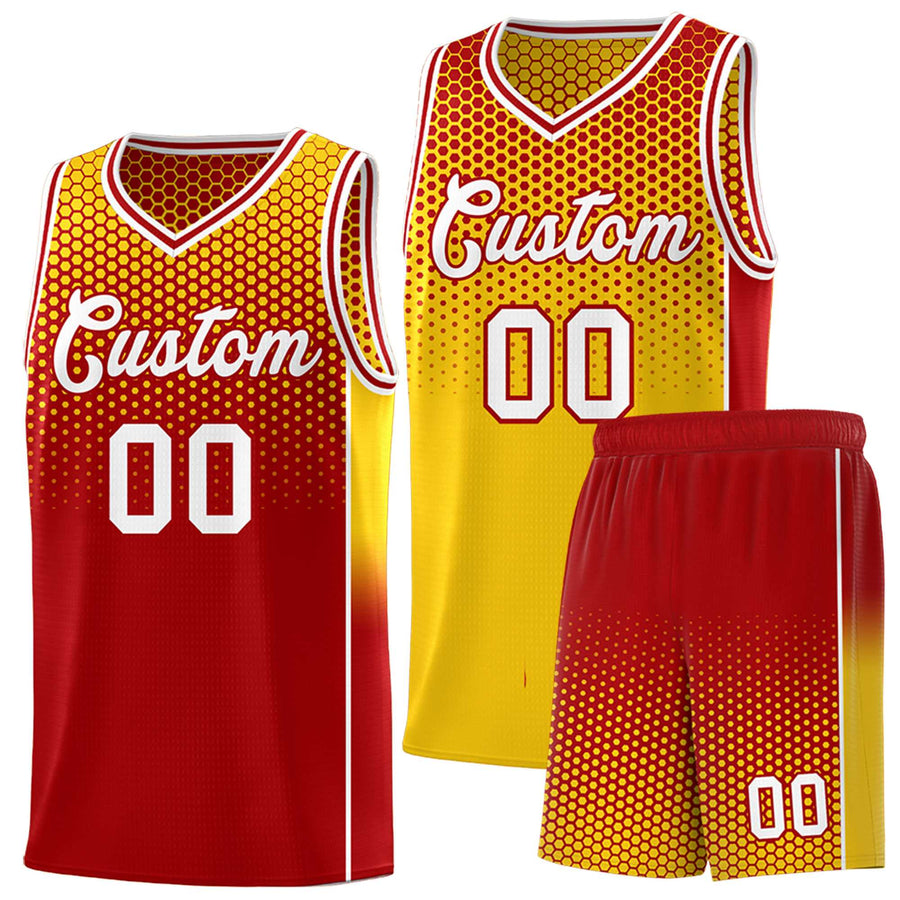 Custom Gold Red Reversible Side Gradient Sports Uniform Dot Pattern Basketball Jersey Kits | BuyFootballJersey
